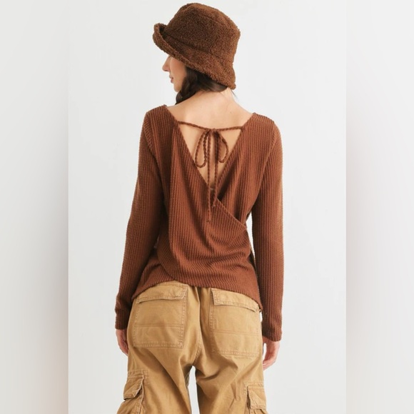 Gilli Tops - Gilli Brown Waffle Knit Long Sleeve Wrap & Tie Back Top New